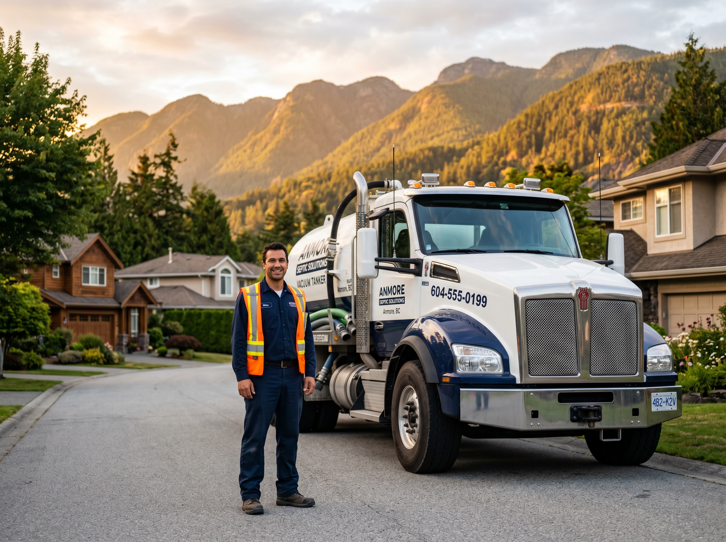 Anmore Septic Service technician standing in front of vacuum truck with Anmore mountains in background