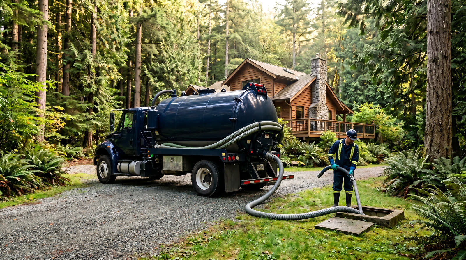 Anmore Septic Service vacuum truck performing a septic tank pump out at a home surrounded by BC forest