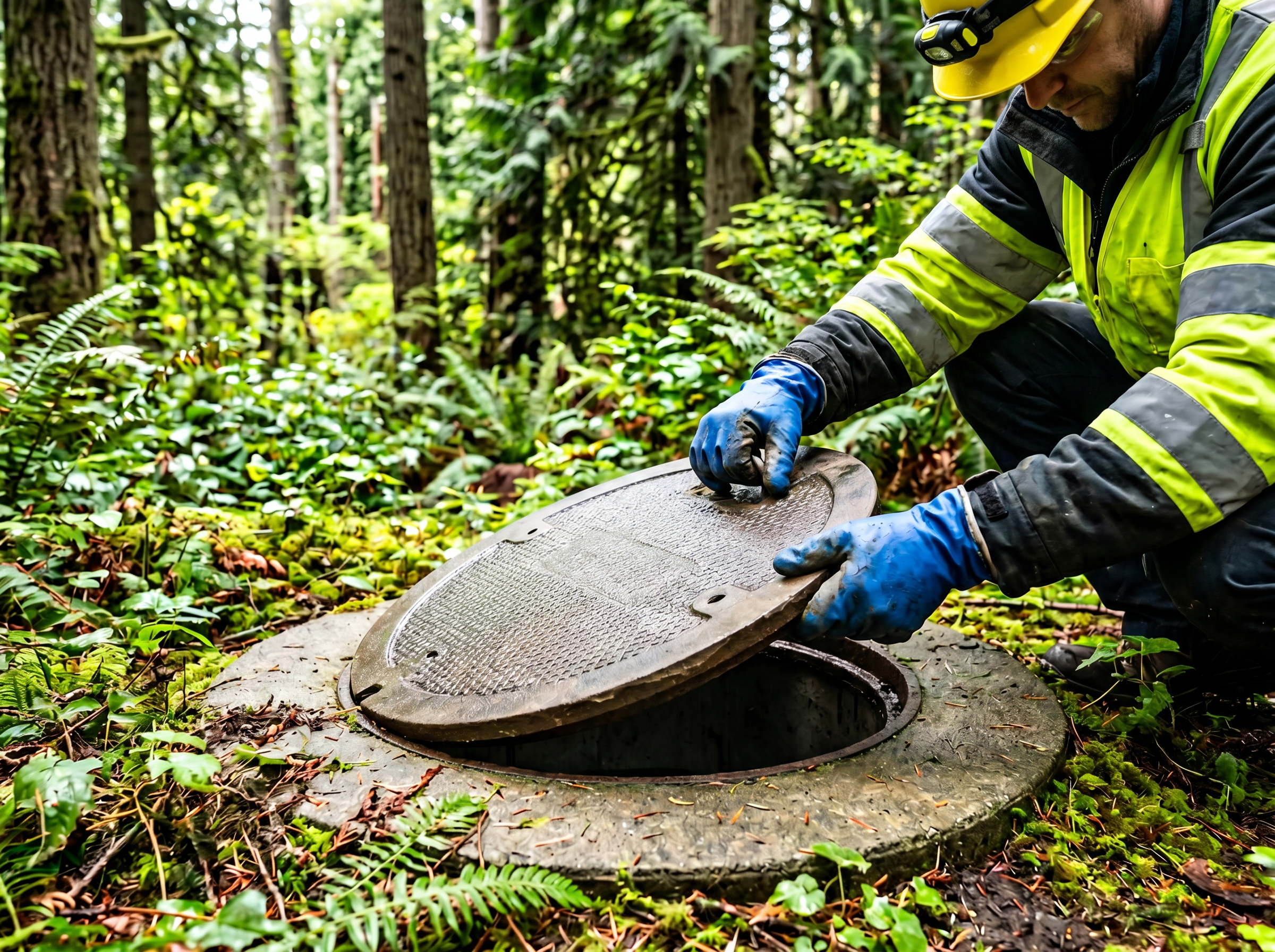 Anmore Septic Service technician opening a septic tank lid in BC forest